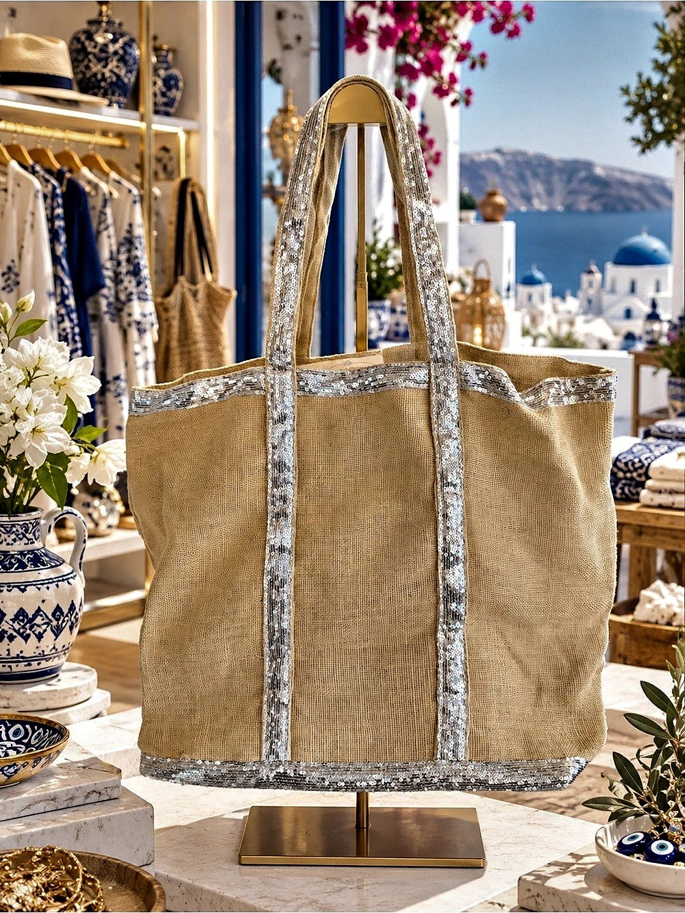Muche et Muchette Sequin Jute Tote Bag Tan & Silver